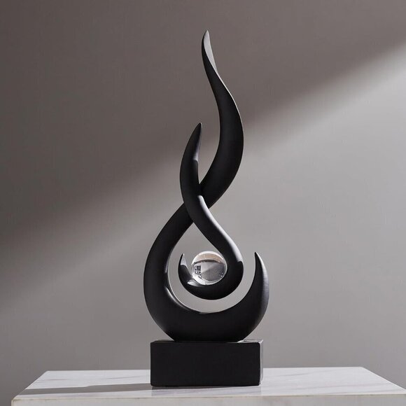 Abstract Black Sculpture Decor: Flame Statue with Glass Ball Resin Art Figurines - Picture 10 of 10